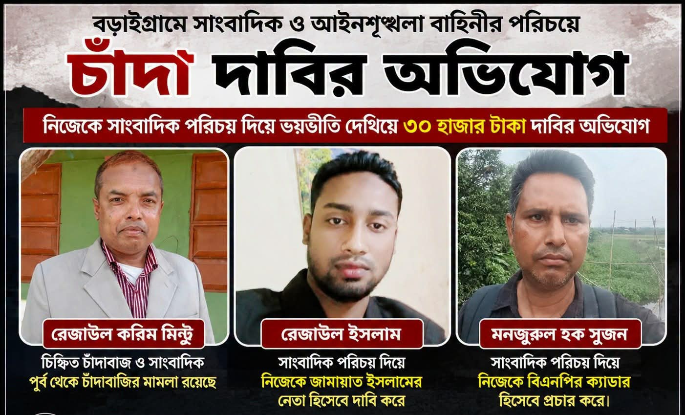 নাটোরে আইনশৃঙ্খলা বাহিনী ও সাংবাদিক পরিচয়ে ৩০ হাজার টাকা চাঁদা দাবির অভিযোগ